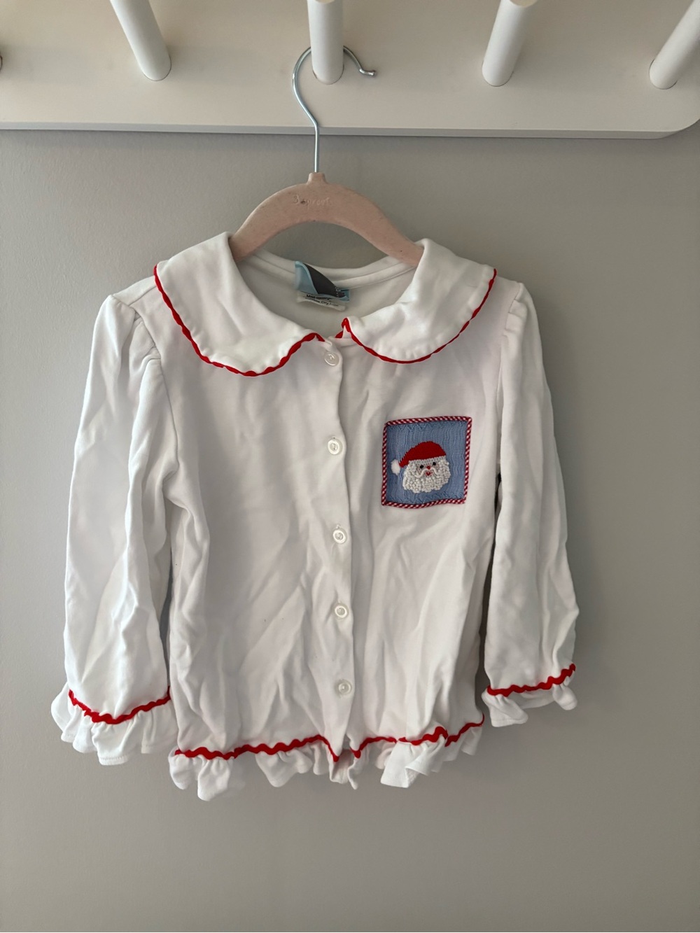 White Girls Button Front Top with Red Trim and Santa Embroidered Patch